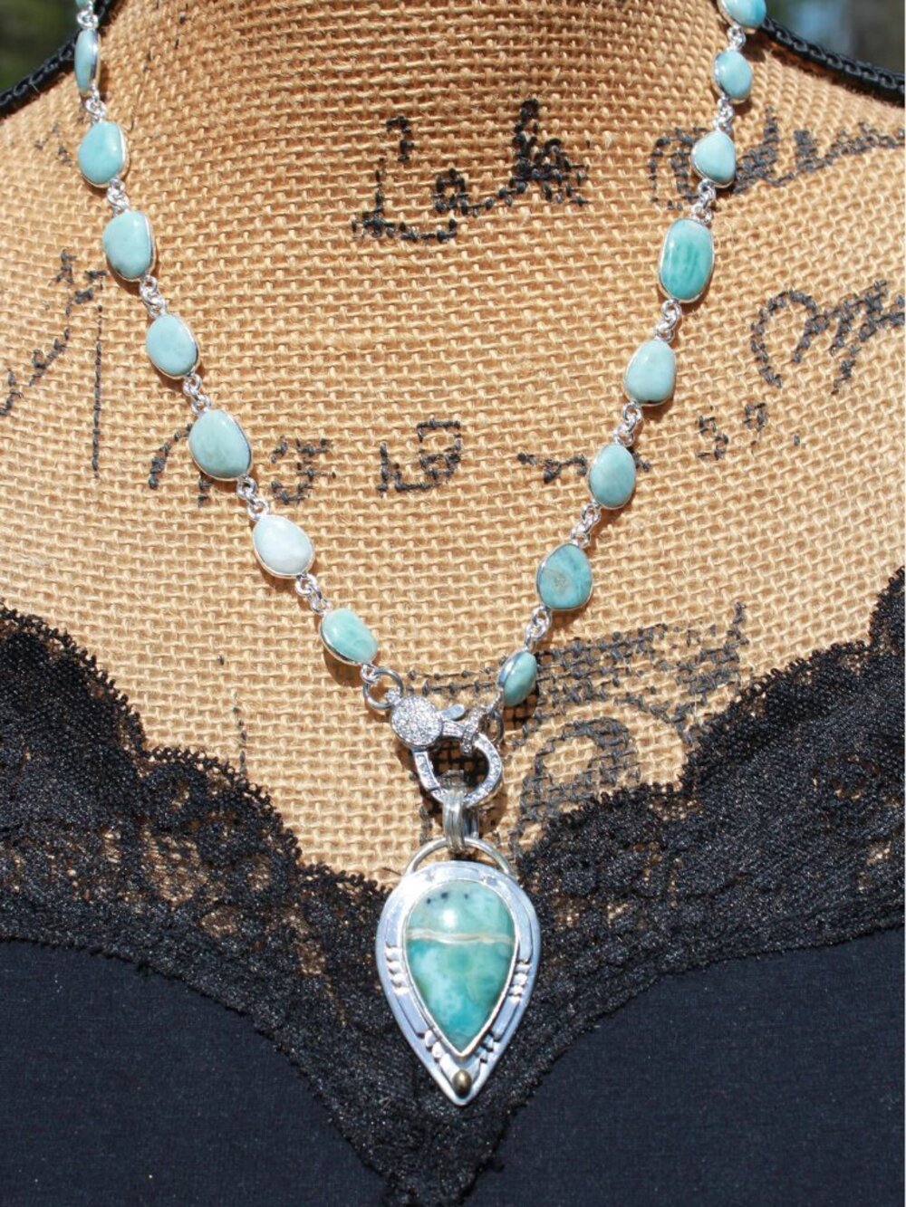 Charming Dominican Larimar Necklace, Pave Clasp